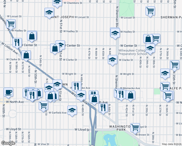 map of restaurants, bars, coffee shops, grocery stores, and more near 2528 North 47th Street in Milwaukee