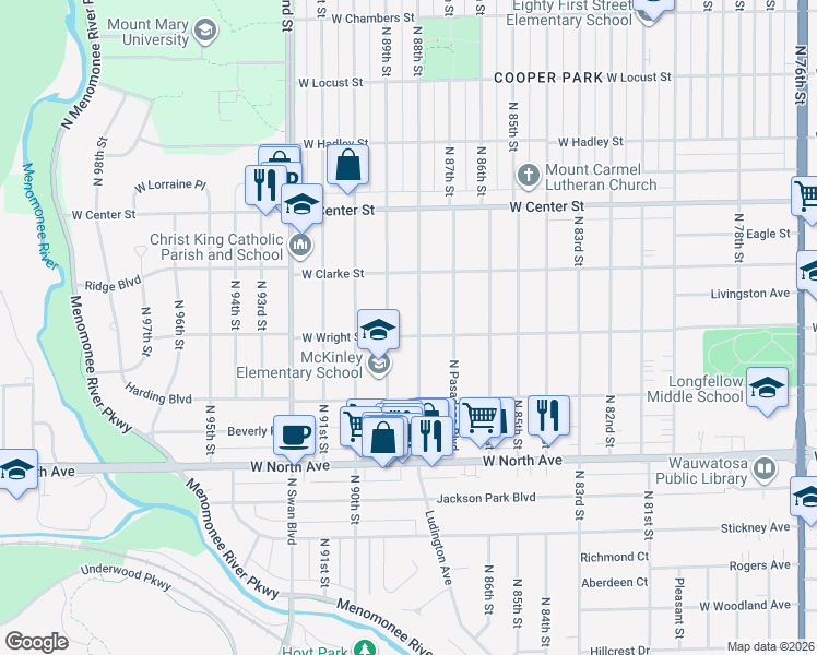 map of restaurants, bars, coffee shops, grocery stores, and more near 2535 North 88th Street in Wauwatosa
