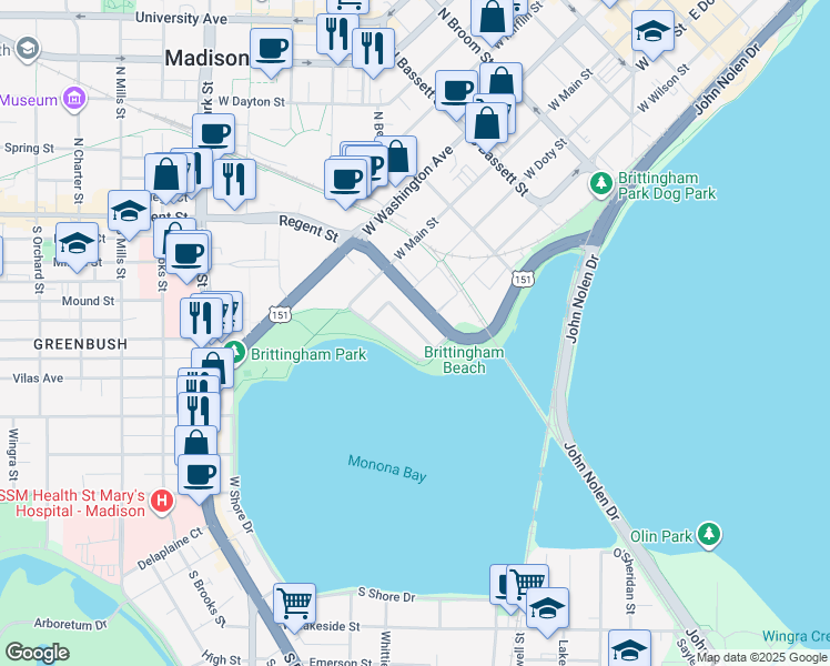 map of restaurants, bars, coffee shops, grocery stores, and more near 146 Proudfit Street in Madison