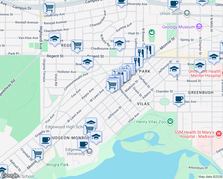 map of restaurants, bars, coffee shops, grocery stores, and more near 712 Harrison Street in Madison