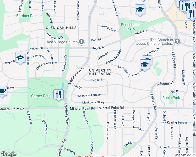 map of restaurants, bars, coffee shops, grocery stores, and more near 5109 Marathon Drive in Madison