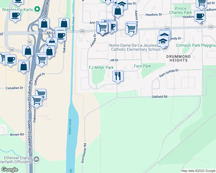 map of restaurants, bars, coffee shops, grocery stores, and more near 7775 Jubilee Drive in Niagara Falls