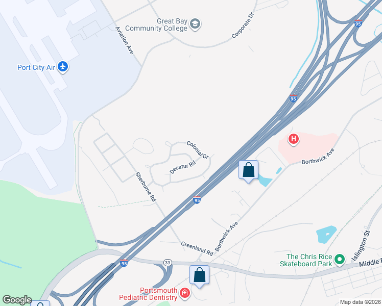map of restaurants, bars, coffee shops, grocery stores, and more near 403 Colonial Drive in Portsmouth