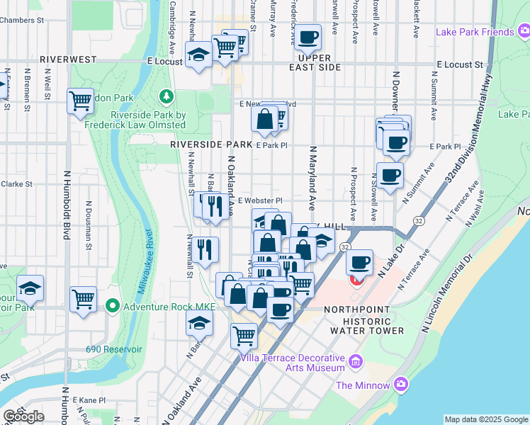 map of restaurants, bars, coffee shops, grocery stores, and more near 1906 East Webster Place in Milwaukee