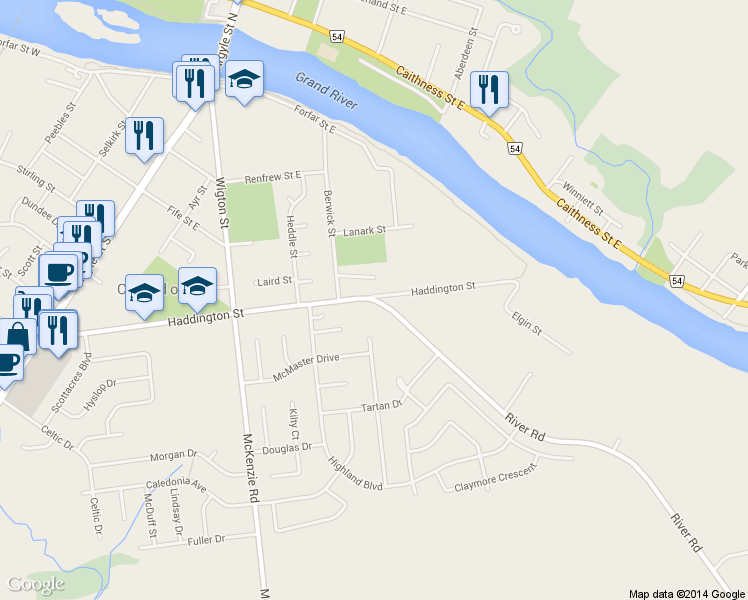 map of restaurants, bars, coffee shops, grocery stores, and more near 3810 River Road in Caledonia