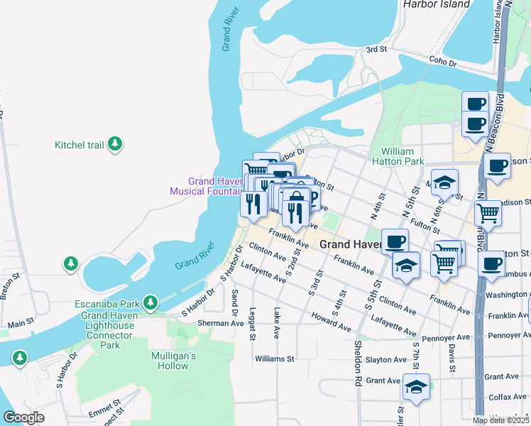 map of restaurants, bars, coffee shops, grocery stores, and more near 12 Washington Avenue in Grand Haven