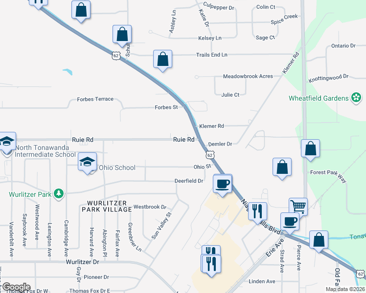 map of restaurants, bars, coffee shops, grocery stores, and more near 1793 Ruie Road in North Tonawanda