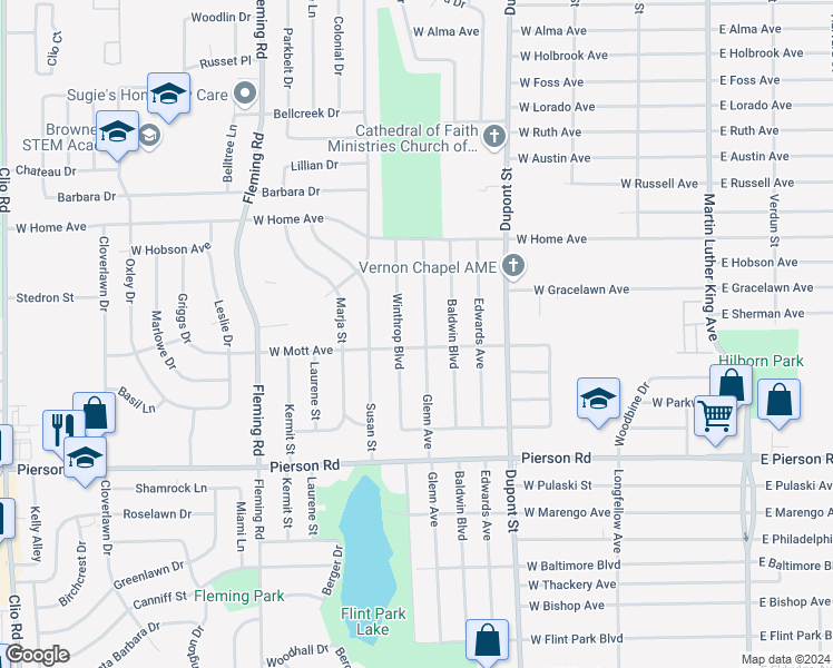 map of restaurants, bars, coffee shops, grocery stores, and more near 5609 Glenn Avenue in Flint