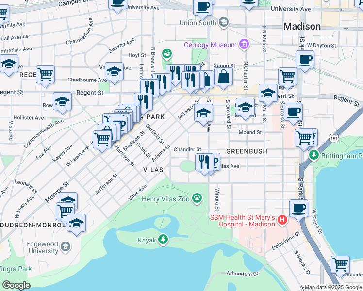 map of restaurants, bars, coffee shops, grocery stores, and more near 1620 Adams Street in Madison