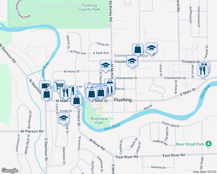 map of restaurants, bars, coffee shops, grocery stores, and more near 213 North McKinley Road in Flushing