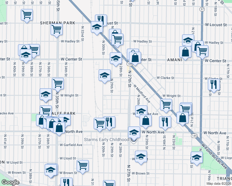 map of restaurants, bars, coffee shops, grocery stores, and more near 2800 West Wright Street in Milwaukee