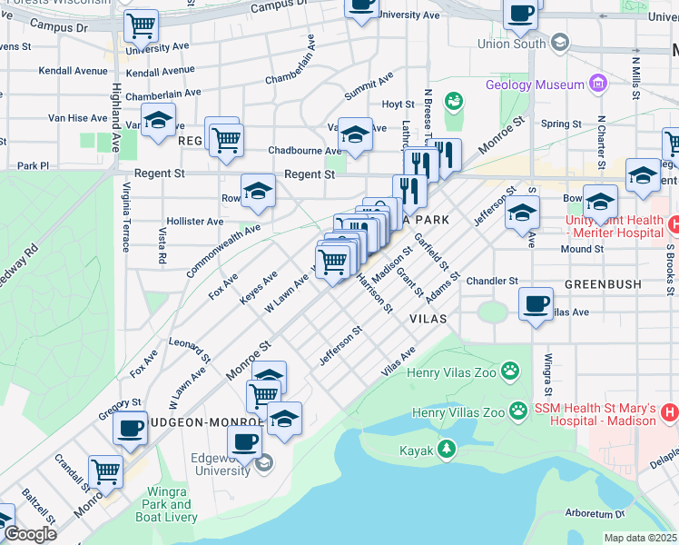 map of restaurants, bars, coffee shops, grocery stores, and more near 1910 Monroe Street in Madison