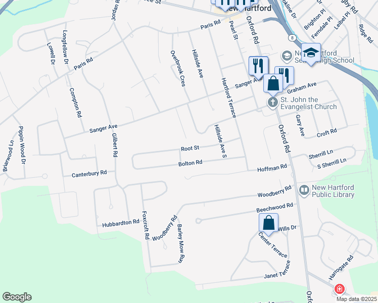 map of restaurants, bars, coffee shops, grocery stores, and more near 43 Root Street in New Hartford