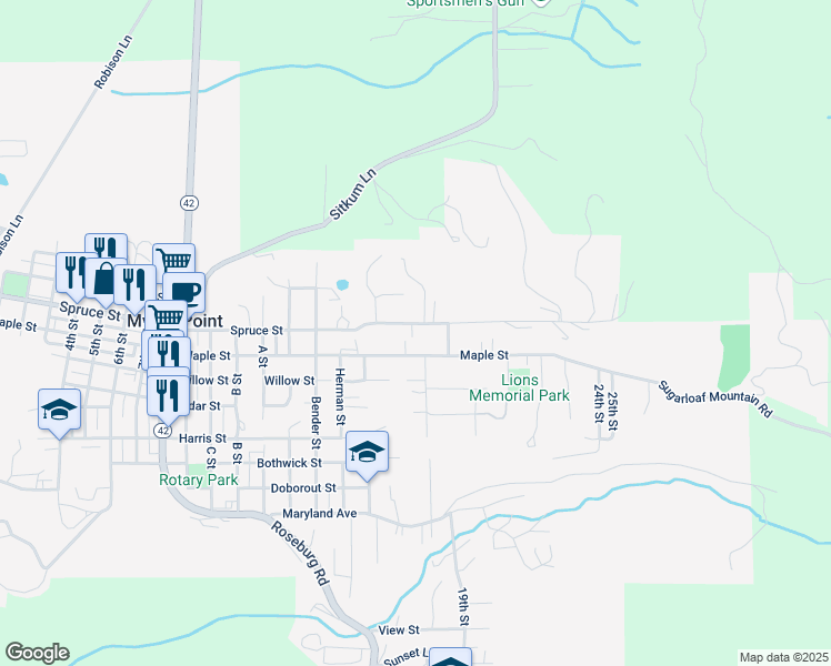 map of restaurants, bars, coffee shops, grocery stores, and more near 1749 Spruce Street in Myrtle Point