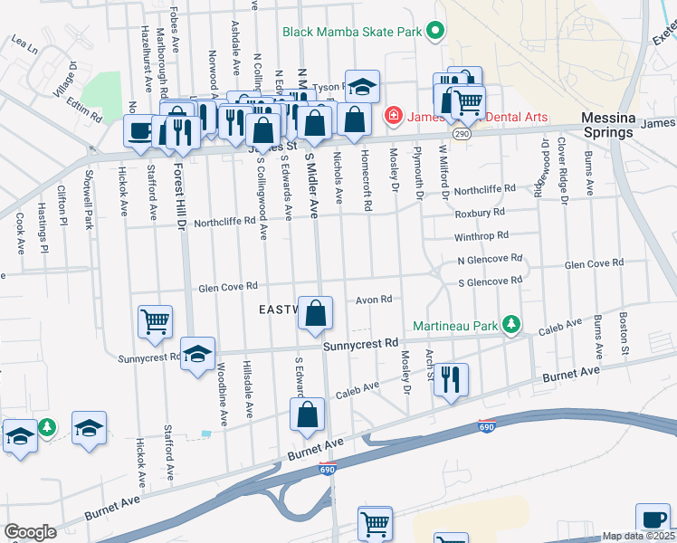 map of restaurants, bars, coffee shops, grocery stores, and more near 248 Nichols Avenue in Syracuse
