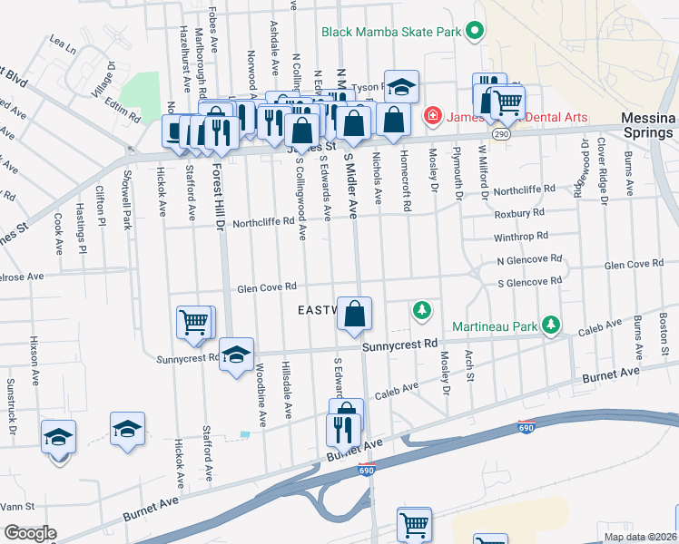 map of restaurants, bars, coffee shops, grocery stores, and more near 239 South Edwards Avenue in Syracuse