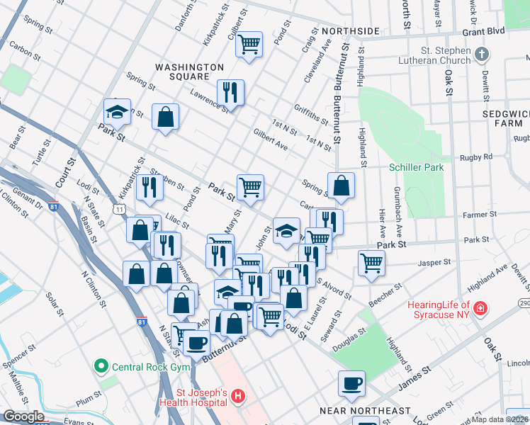 map of restaurants, bars, coffee shops, grocery stores, and more near 710 East Division Street in Syracuse