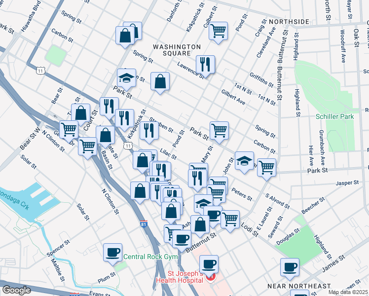 map of restaurants, bars, coffee shops, grocery stores, and more near 400 Pond Street in Syracuse
