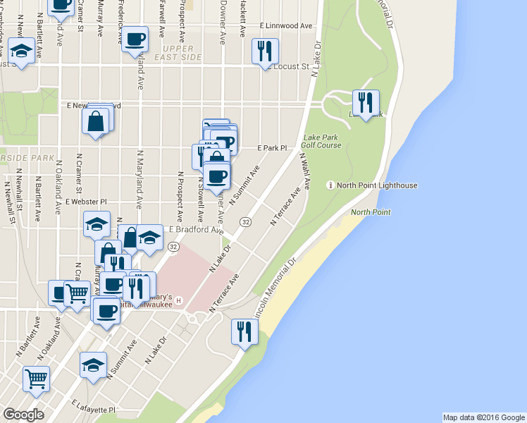 map of restaurants, bars, coffee shops, grocery stores, and more near 2589 North Lake Drive in Milwaukee