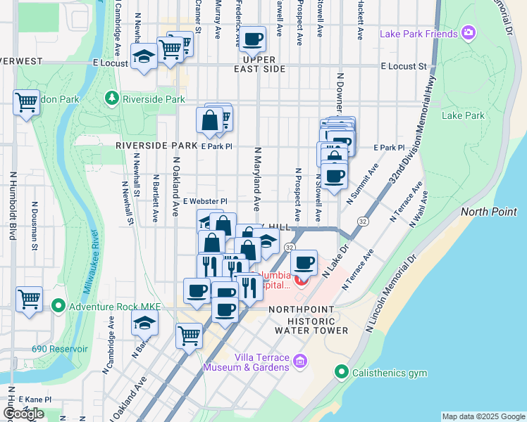 map of restaurants, bars, coffee shops, grocery stores, and more near 2555 North Farwell Avenue in Milwaukee