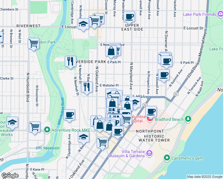 map of restaurants, bars, coffee shops, grocery stores, and more near 1906 East Webster Place in Milwaukee