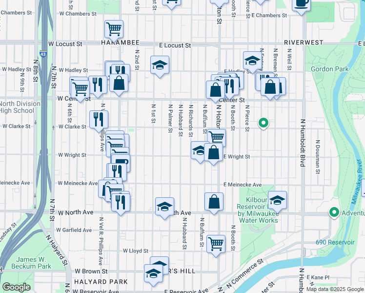 map of restaurants, bars, coffee shops, grocery stores, and more near 2549 North Hubbard Street in Milwaukee