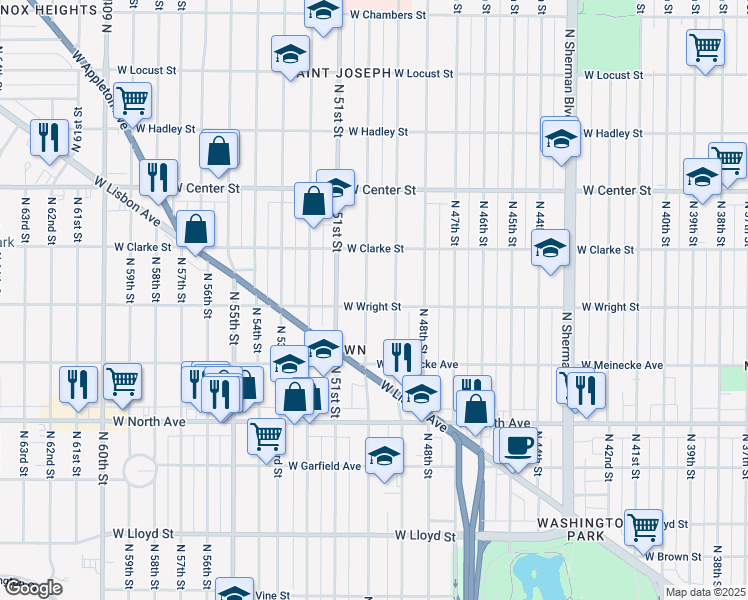 map of restaurants, bars, coffee shops, grocery stores, and more near 2529 North 50th Street in Milwaukee