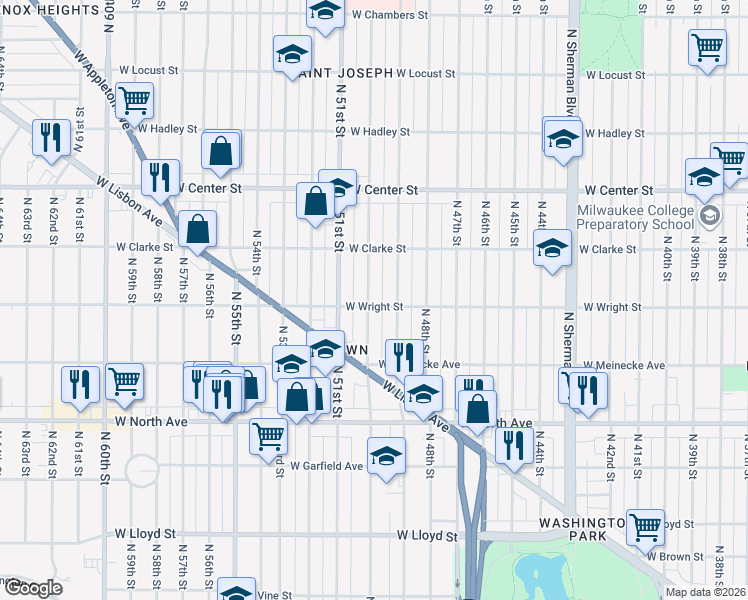 map of restaurants, bars, coffee shops, grocery stores, and more near 2529 North 50th Street in Milwaukee