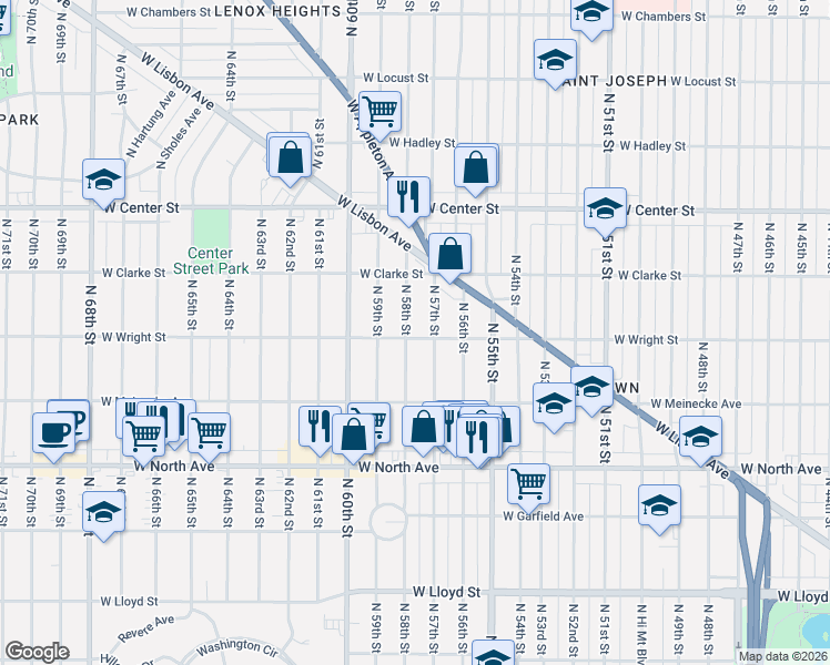 map of restaurants, bars, coffee shops, grocery stores, and more near 2525 North 58th Street in Milwaukee