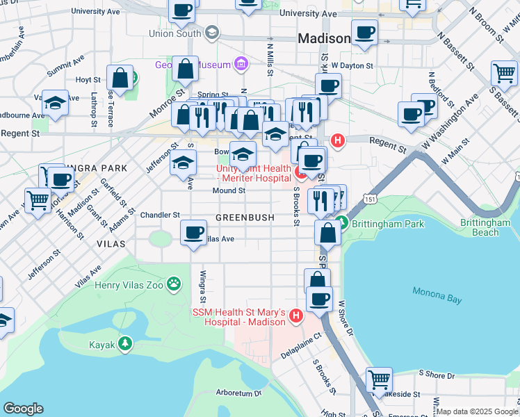 map of restaurants, bars, coffee shops, grocery stores, and more near 206 South Mills Street in Madison