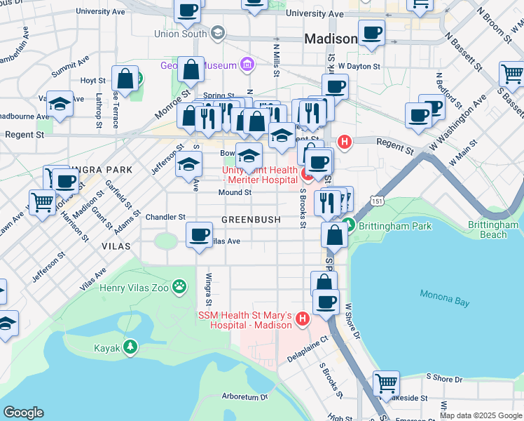 map of restaurants, bars, coffee shops, grocery stores, and more near 206 South Mills Street in Madison
