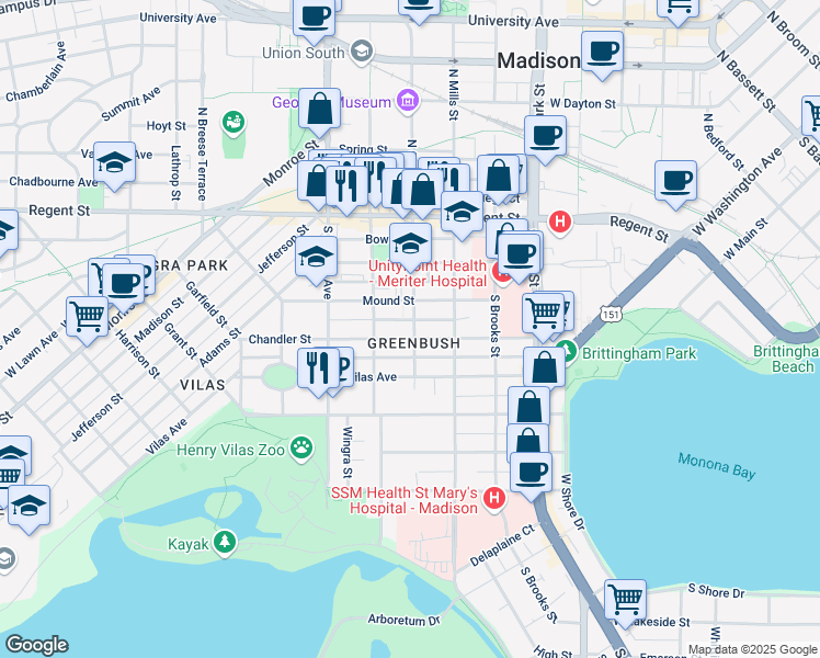 map of restaurants, bars, coffee shops, grocery stores, and more near 1207 Mound Street in Madison