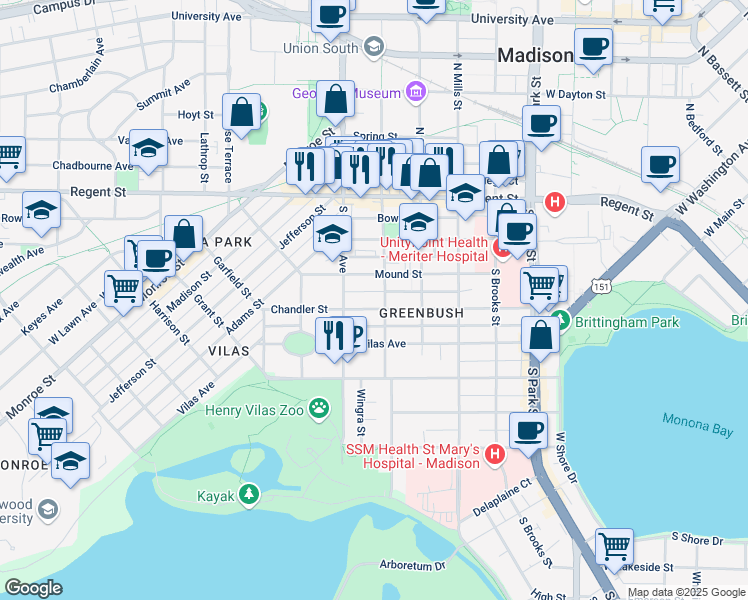map of restaurants, bars, coffee shops, grocery stores, and more near 206 South Orchard Street in Madison
