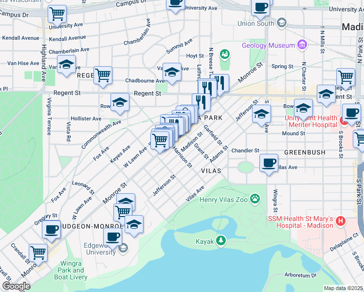 map of restaurants, bars, coffee shops, grocery stores, and more near 1821 Monroe Street in Madison