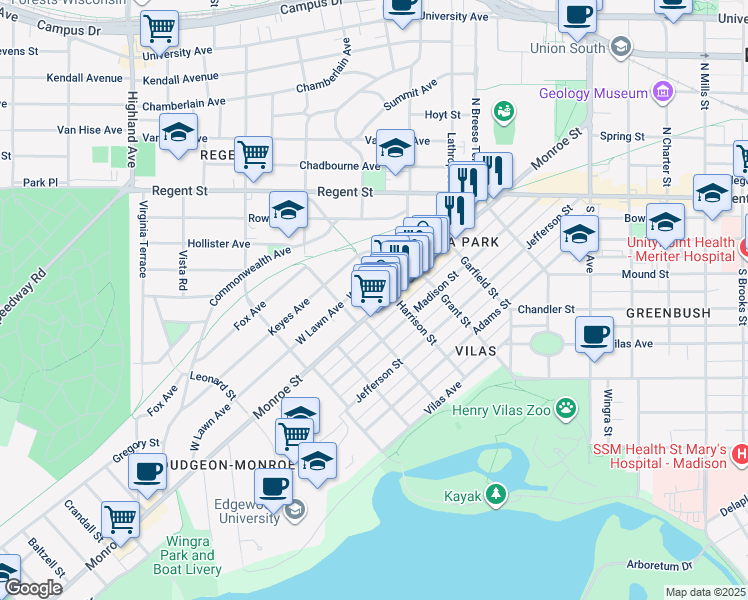 map of restaurants, bars, coffee shops, grocery stores, and more near 712 Harrison Street in Madison