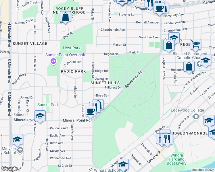 map of restaurants, bars, coffee shops, grocery stores, and more near 135 South Franklin Avenue in Madison