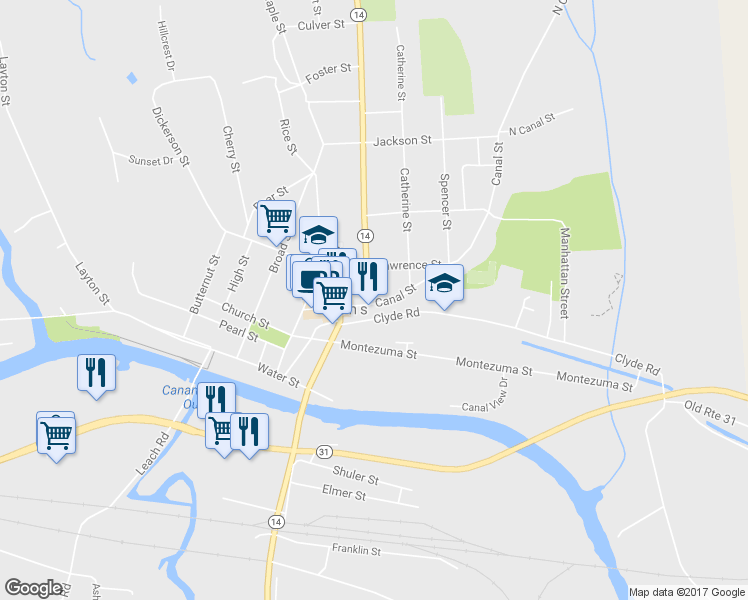 map of restaurants, bars, coffee shops, grocery stores, and more near 71 Canal Street in Lyons