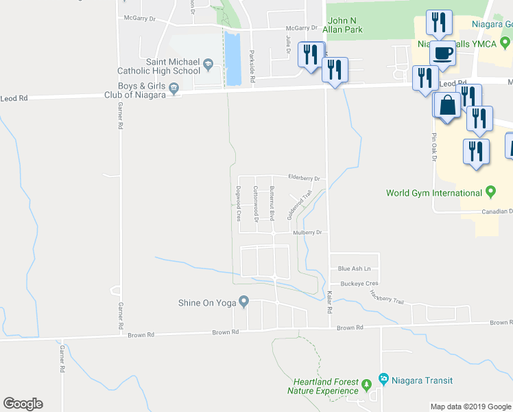map of restaurants, bars, coffee shops, grocery stores, and more near Cottonwood Drive in Niagara Falls