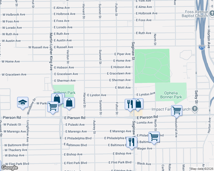 map of restaurants, bars, coffee shops, grocery stores, and more near 430 East Sherman Avenue in Flint
