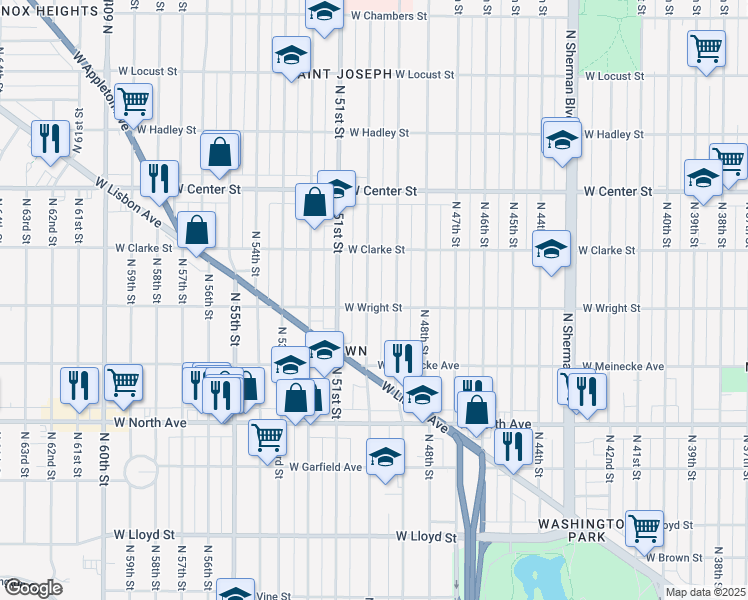 map of restaurants, bars, coffee shops, grocery stores, and more near 2529 North 50th Street in Milwaukee