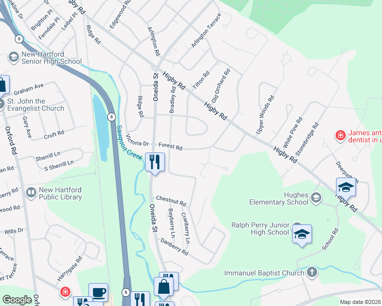 map of restaurants, bars, coffee shops, grocery stores, and more near 7 Forest Road in Utica