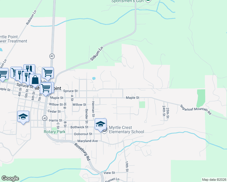 map of restaurants, bars, coffee shops, grocery stores, and more near 1749 Spruce Street in Myrtle Point