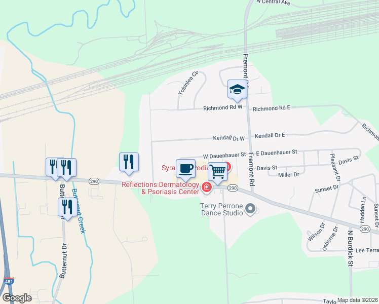 map of restaurants, bars, coffee shops, grocery stores, and more near 133 Kendall Drive West in East Syracuse