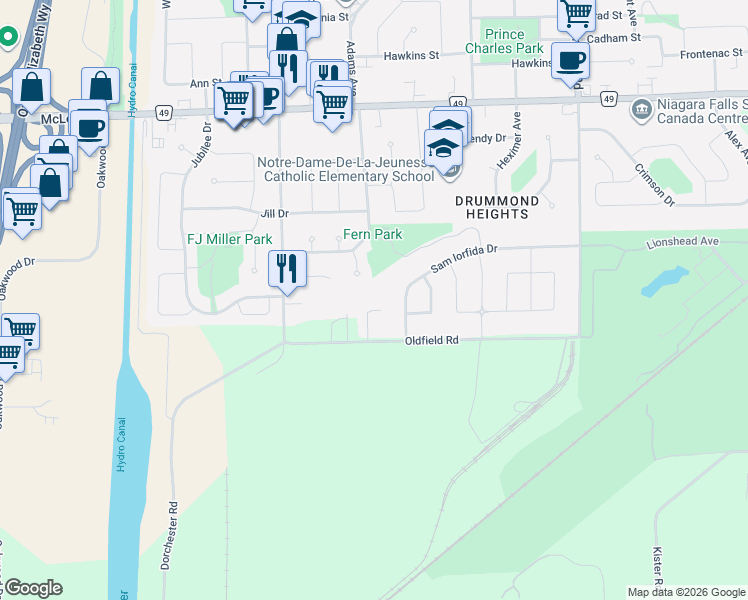 map of restaurants, bars, coffee shops, grocery stores, and more near 7632 Thames Crescent in Niagara Falls