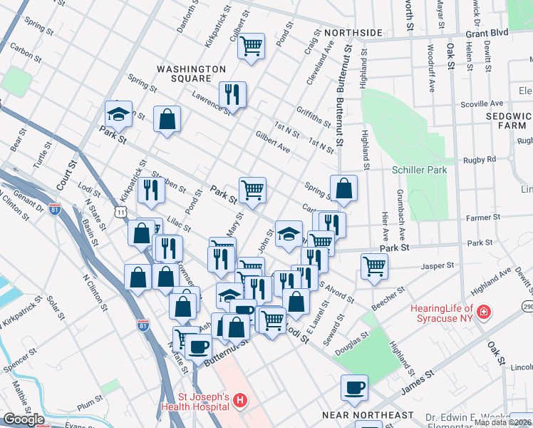 map of restaurants, bars, coffee shops, grocery stores, and more near 710 East Division Street in Syracuse