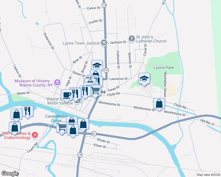 map of restaurants, bars, coffee shops, grocery stores, and more near 77 Canal Street in Lyons