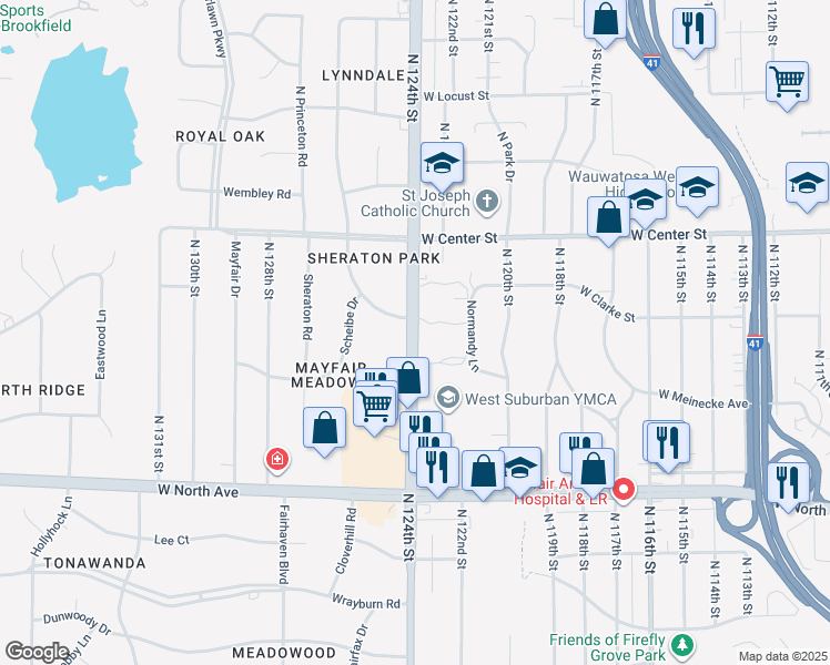 map of restaurants, bars, coffee shops, grocery stores, and more near 2542 North 124th Street in Wauwatosa