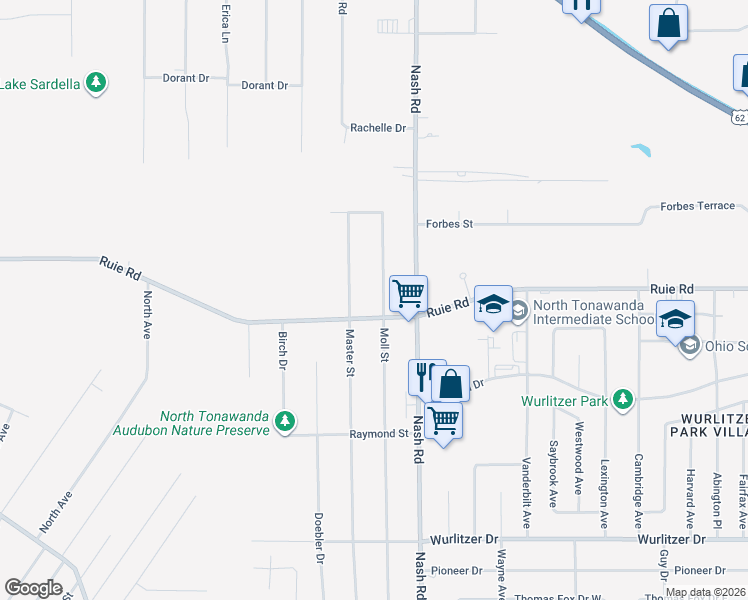 map of restaurants, bars, coffee shops, grocery stores, and more near 1537 Moll Street in North Tonawanda