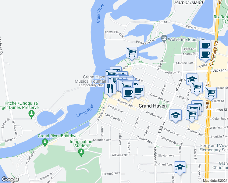 map of restaurants, bars, coffee shops, grocery stores, and more near 10 Washington Avenue in Grand Haven