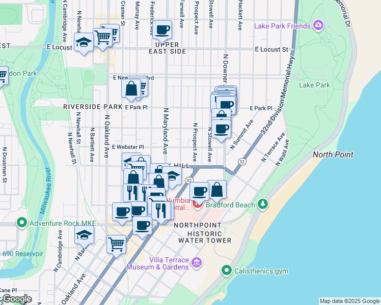 map of restaurants, bars, coffee shops, grocery stores, and more near 2535 North Prospect Avenue in Milwaukee